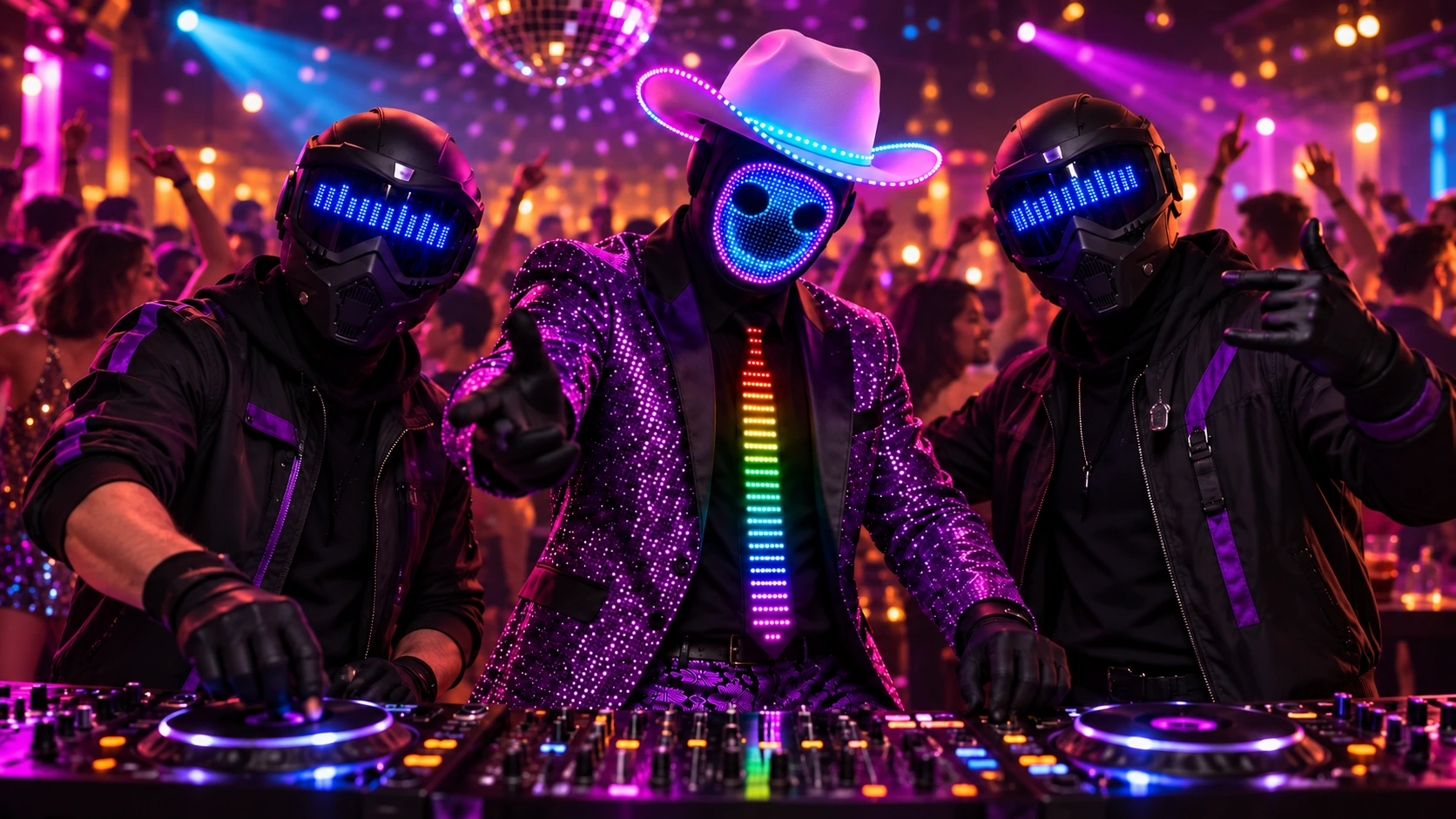 Arte promocional: Technomante al centro con sombrero blanco y máscara sonriente, acompañado por dos amigos con máscaras negras de visor LED azul