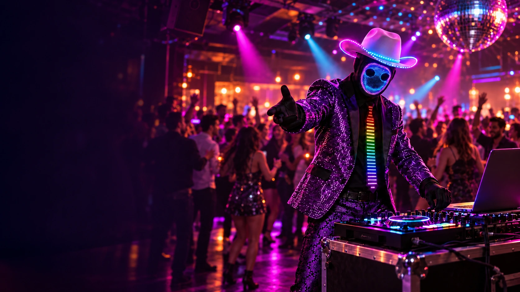 Arte original de Technomante: sombrero blanco, máscara LED y traje violeta en un escenario de concierto en una discoteca con público bailando e iluminación de fiesta