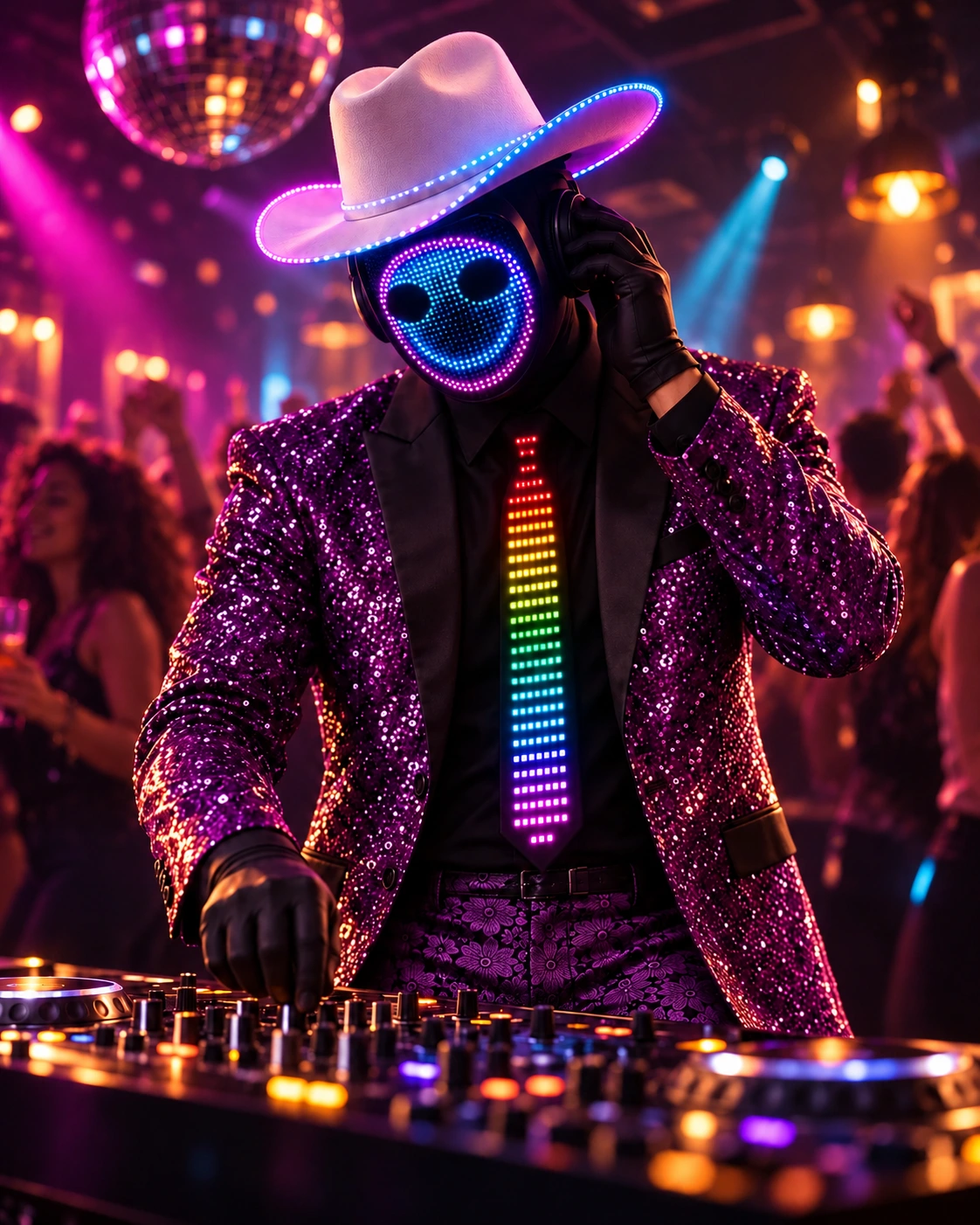 El personaje de Technomante con su máscara LED, sombrero blanco y traje violeta